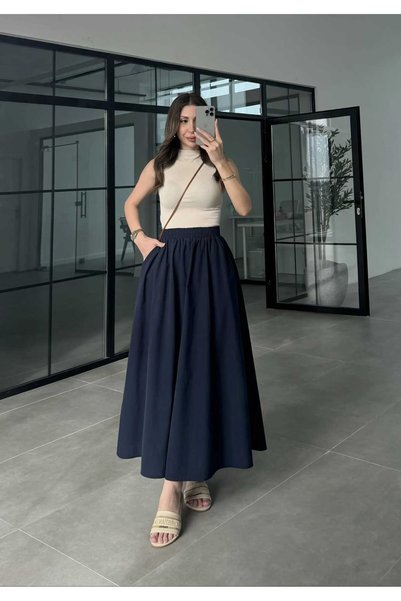 QUAWEAR Beli Lastikli Yanları Cepli Poplin Etek