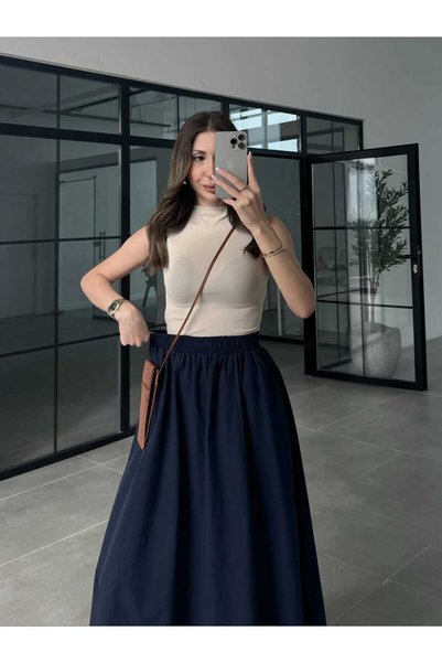 QUAWEAR Beli Lastikli Yanları Cepli Poplin Etek