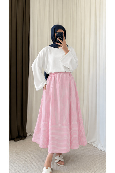 Hepsi Moda Thick Striped Skirt with Pockets - Hpm - Pink
