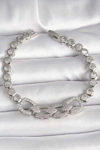 Toptan Bulurum Brass Silver Color Zircon Stone Circle Chain Model Women's Bra...