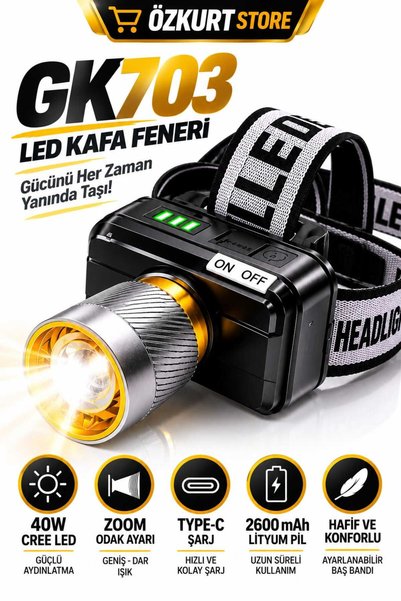 özkurt ticaret GK703 ŞARJLI LED KAFA FENERİ