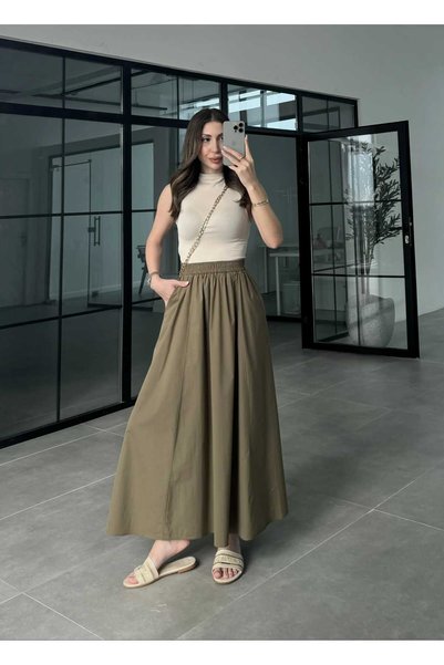 QUAWEAR Beli Lastikli Yanları Cepli Poplin Etek