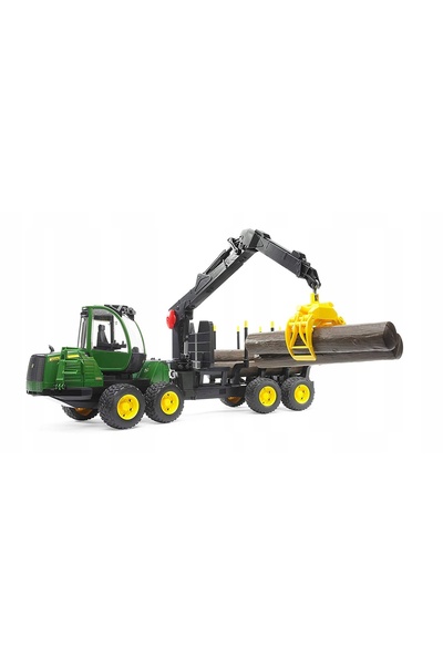 Bruder Încărcător John Deere cu graifer și 4 trunchi de copac