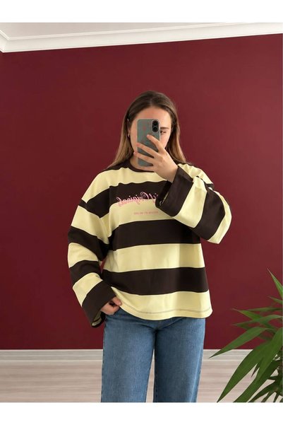 Kadın Sarı Kahverengi Çizgili Oversize Bisiklet Yaka Uzun Kollu Sweat