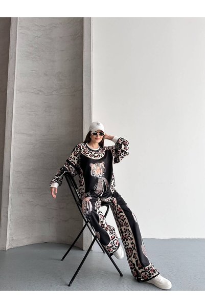 ROWIDA TEX Leopar Desenli Oversize Uzun Kollu Kadın İkili Takım
