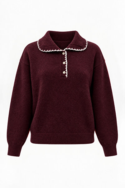 Bipantolon Pulover de damă cu textură moale, cu guler polo, broderie și detal...