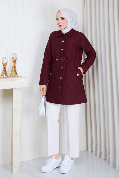 Pamuk Butik Women's Crescent Patterned Quilted Jacket with Tunnel Waist and Tunnel Pass-Through