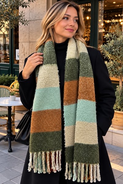 Alışveriş Kasabası Colorful Macaroni Square Patterned Tassel Scarf - 4