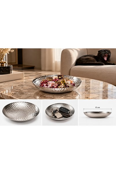 Artemia Home 15 cm Gümüş Renk Dövme Desenli Metal Çerezlik Kase, Kahvaltılık,...