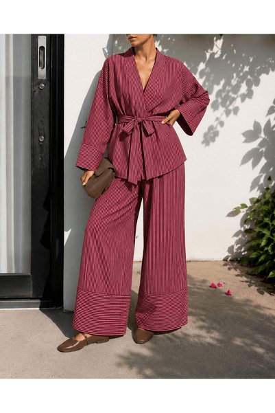 Hepsi Moda Monaco Striped Trouser Suit - Burgundy