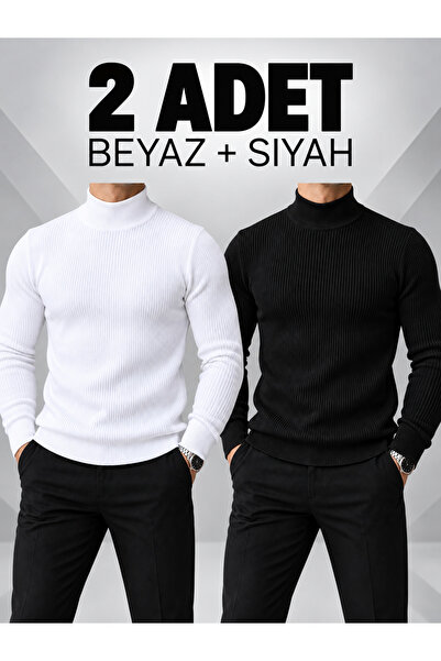DARJO COMMER White and Black [2 Pieces] Slim Fit Narrow-Cut Thin Ribbed Half ...