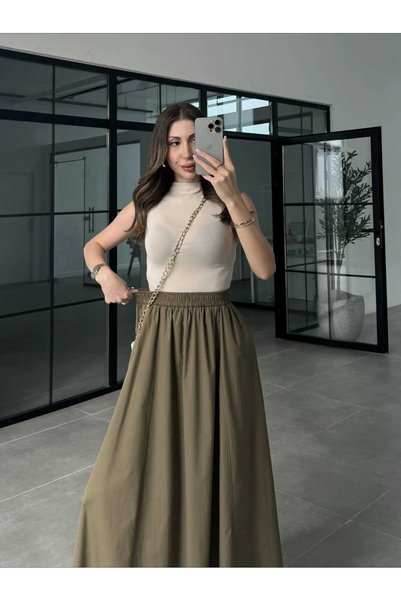 QUAWEAR Beli Lastikli Yanları Cepli Poplin Etek