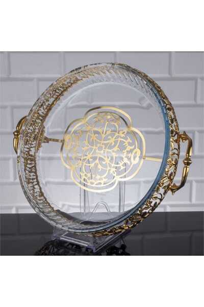 FAIR HOME Glass Serving Tray Round Metal Gold 35 cm – Roza Model