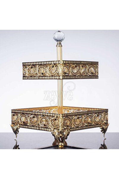 FAIR HOME Two-Tier Cookie Holder Square Metal Gold 25 cm / 20 cm – Hünkar Model