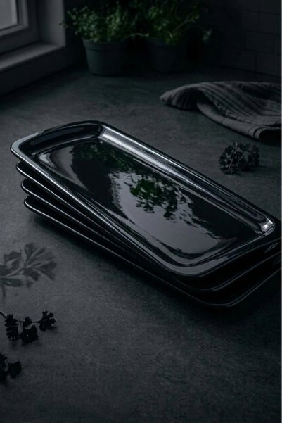 BİODATA 6 Long Black Melamine Chicken Presentation Plates |   Kebap, Pasta, Appetizer Serving Plate 40X15 cm