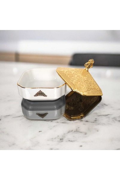 FAIR HOME Kapaklı Şekerlik Lokumluk Porselen Metal Gold – Doreline Model