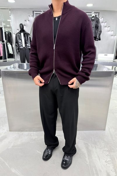 HAFKAGİYİM Bordo Premium Fitilli Fermuarlı Relaxed Kazak