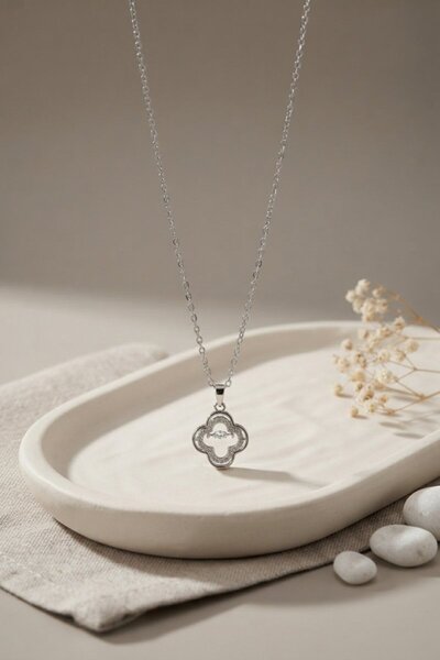 Toptan Bulurum 316L Steel Chain Silver Color Zircon Stone Clover Model Necklace