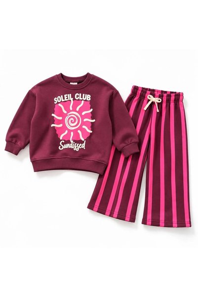 Monila Girl's Slogan Printed Striped Tracksuit Bottom and Top Set
