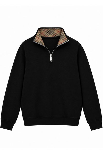 nomely Drip Ekose Desenli Dik Yaka Yarım Fermuarlı Sweatshirt 3 İplik Şardonlu