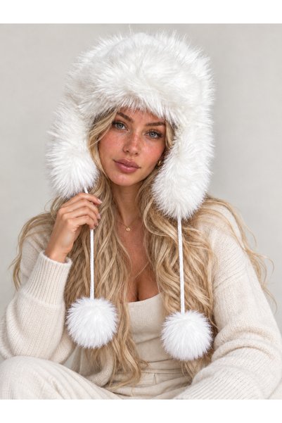 Şirin Giyim Aksesuar Plush Lace-Up Pompom Snow Hat Faux Fur - Soft Winter Beanie