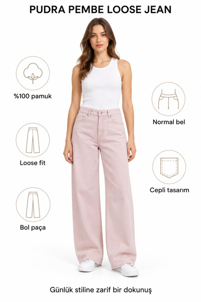 STİLEGOM Kadın Pudra Pembe Normal Bel Bol Paça Loose Fit Jean Kot Pantolon %1...