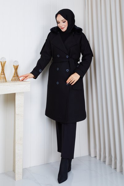 Pamuk Butik Women's Double-Breasted Collar Fur Detailed Lined Cashmere Coat