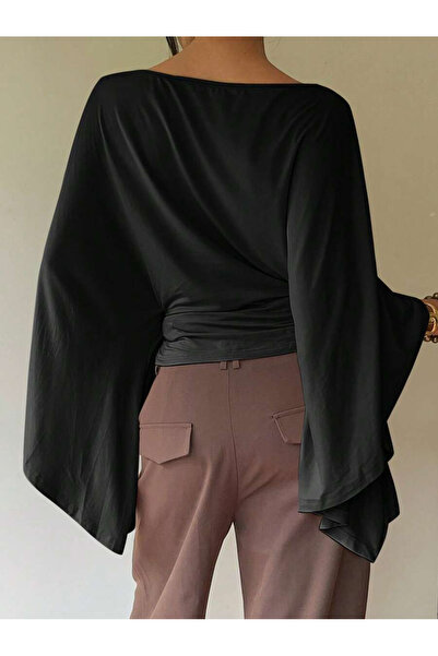 JE-TU Boat Neck Bat Sleeve Waist Gathered Blouse Jt9748