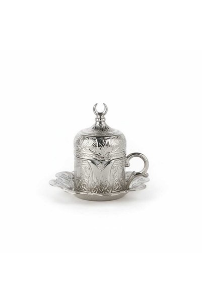 FAIR HOME Turkish Coffee Cup Set with Tulip Pattern, 6 Pieces, Metal Silver – Lalezar Model