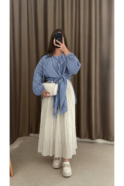 Hepsi Moda تونيك مخطط بتفاصيل شق أمامي - Hpm - أزرق فاتح