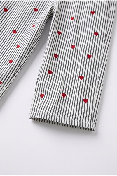Magu Girl's Cotton Heart Embroidered Striped Trousers