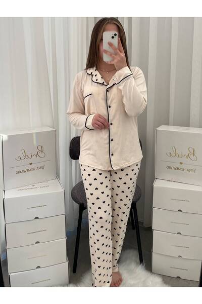 Lena Homewears Black Heart Patterned Beige Milan Long Sleeve Pajama Set