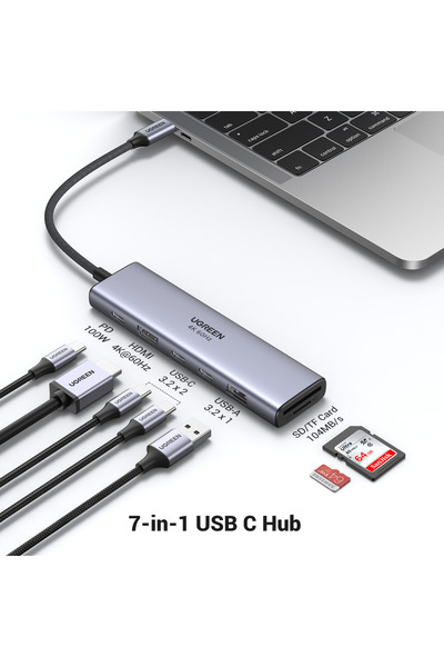 Ugreen محول USB-C، HDMI، منفذان USB-C 3.2، منفذ USB-A 3.2، SD/TF، PD