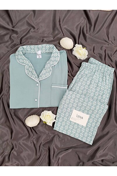 Lena Homewears Екрю пижамен комплект с дълъг ръкав, с мотив на листа, в менто...