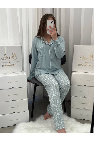 Lena Homewears Ecru Leaf Patterned Mint Milan Long Sleeve Pajama Set