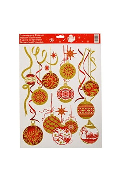 OEM Autocolante Decorative de Craciun Globuri Rosii cu Glitter Auriu 30x42cm