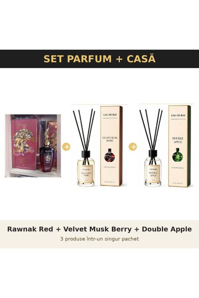 rosehane Set Parfum + Casă Rose Hane – Rawnak Red + Velvet Musk Berry + Doubl...
