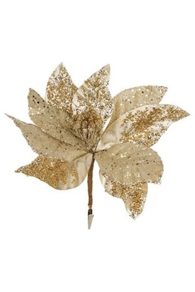 OEM Floare Decorativa de Craciun Aurie Bej cu Glitter & Clips 26cm