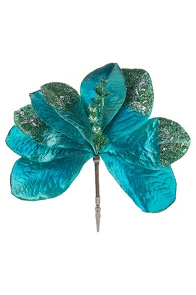 OEM Floare Artificiala cu Clips de Craciun Magnolie Turcoaz cu Glitter Paiete...