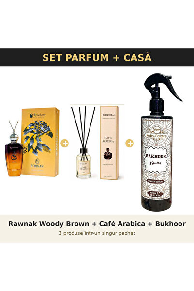 rosehane Set Parfum + Casă Rose Hane – Rawnak Woody Brown + Café Arabica + Bu...