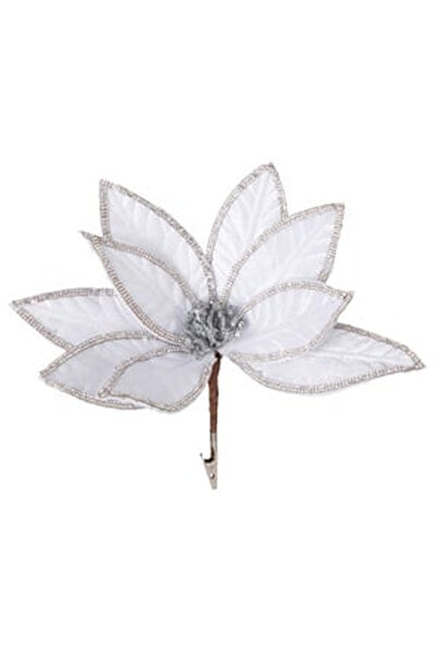 OEM Floare Decorativa de Craciun Alba cu Strass Glitter Argintiu & Clips 26cm