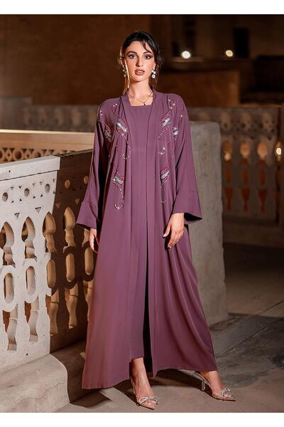 Generic Premium Women's Embellished Open Abaya with Inner Dress, Mauve Purple