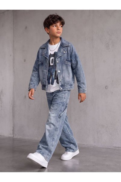 KOKOŞ BEBEK Boy's 3-Piece Set with Denim Jacket, Printed T-Shirt, Wide-Leg Pants - Age 4/12 - 31948