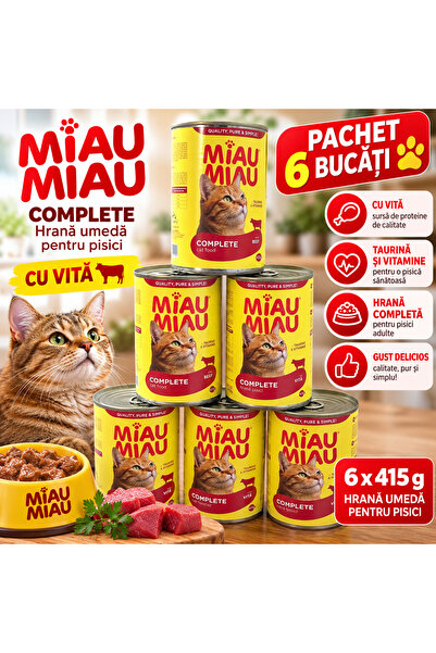 MIAU MIAU Pachet 6 Conserve Complete cu Vită, Hrană Umedă pentru Pisici Adult...