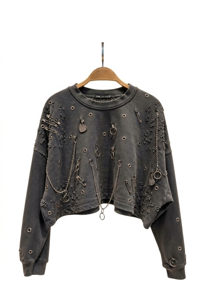 DENİKK TREND SPECIAL DESIGN Γυναικείο Crop Sweatshirt σε σκούρο γκρι Grunge &...
