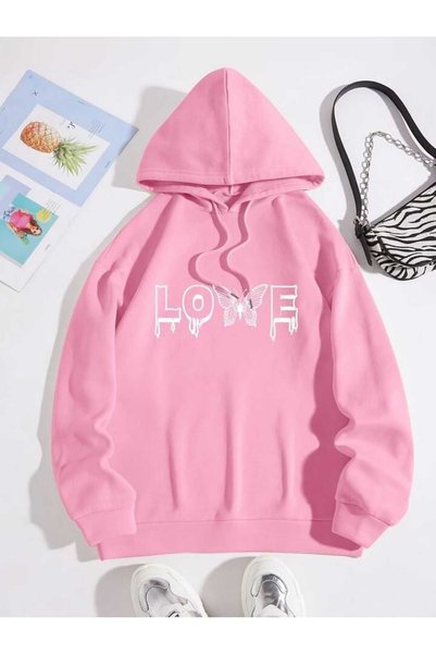 bellanova Unisex Pink Loose Fit Hooded Sweatshirt with Inner Pockets, Warm Ho...