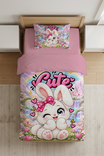 Luvis Store Cute Rabbit Patterned Single Girl's Duvet Cover Set - Without Sheets