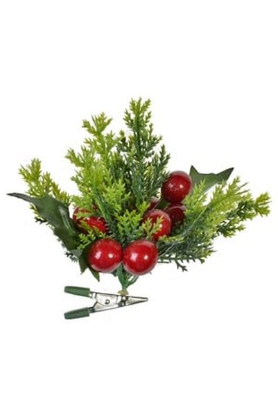 OEM Floare de Craciun cu Clips Crenguta de Brad & Pomusoare Rosii 9cm