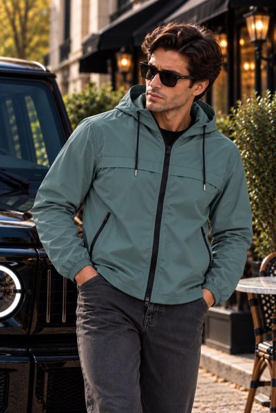 Gül Maison Water Repellent Long Hooded Zippered Pocket Casual Raincoat Unisex...