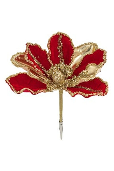 OEM Floare Decorativa de Craciun Rosie Catifelata cu Margele Aurii & Clips 20cm
